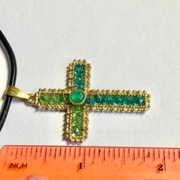 Vintage Gold Bead Cross Pendant Necklace Green Hand Beaded Plated 24" Christian - Picture 8 of 8